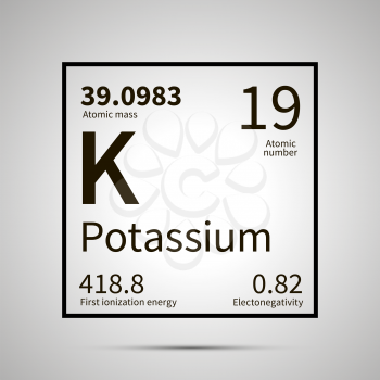Potassium chemical element with first ionization energy, atomic mass and electronegativity values ,simple black icon with shadow on gray