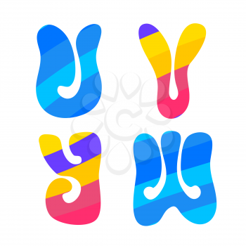 Psychedelic font with colorful pattern. Vintage hippie U V W Y latin letters on white background
