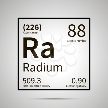 Radium chemical element with first ionization energy, atomic mass and electronegativity values ,simple black icon with shadow on gray