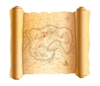 Realistic ancient pirate map of island on old textured scroll with red path to treasure