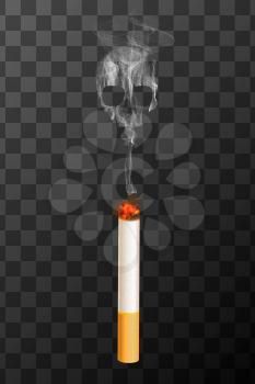 Realistic burning cigarette with white smoke in skull shape on transparent background. Smoking kills concept illustration.