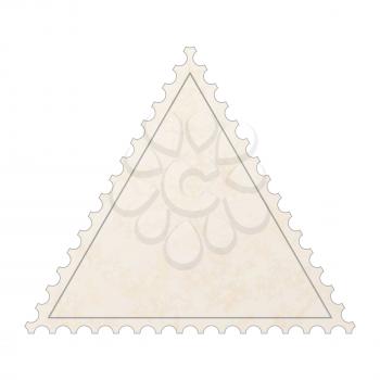 Realistic old blank post stamp in triangle shape with paper texture on white