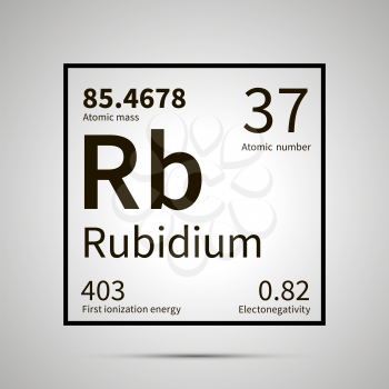 Rubidium chemical element with first ionization energy, atomic mass and electronegativity values ,simple black icon with shadow on gray