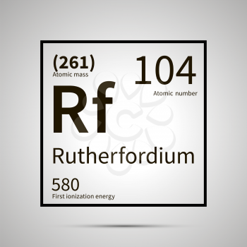 Rutherfordium chemical element with first ionization energy and atomic mass values ,simple black icon with shadow on gray