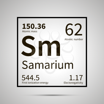 Samarium chemical element with first ionization energy, atomic mass and electronegativity values ,simple black icon with shadow on gray