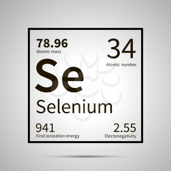 Selenium chemical element with first ionization energy, atomic mass and electronegativity values ,simple black icon with shadow on gray