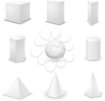 Set of nine basic elementary geometric shapes, blank 3d primitives isolated on white