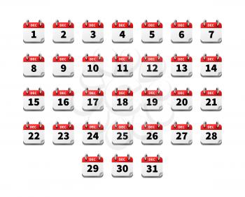 Set of bright realistic icons of calendar on december on white