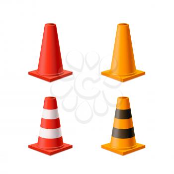 Set of bright yellow and red road cones on white