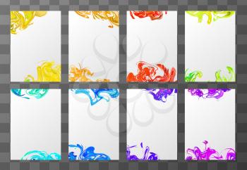 Set of eight a4 blank sheets with abstract paint splashes on transparent background