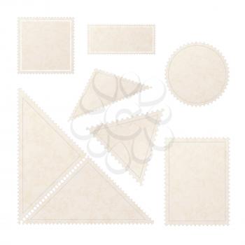 Set of realistic old blank post stamps with paper texture isolated on white