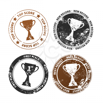 Set of retro stamp imprints with winner cup award isolated on white