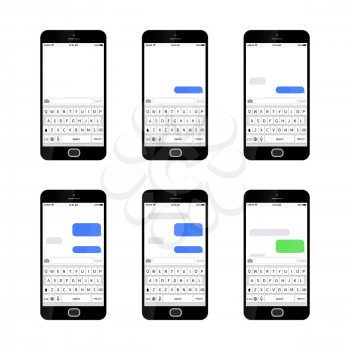 Set of six glossy smartphones with different sms texting templates, isolated on white