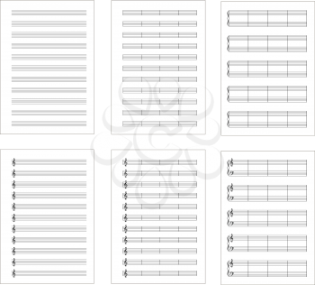Set of six types music note staves, a4 blank pages isolated on white
