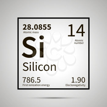 Silicon chemical element with first ionization energy, atomic mass and electronegativity values ,simple black icon with shadow on gray