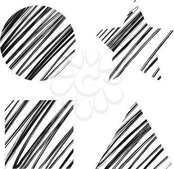 Simple geometric shapes with black messy hatching isolated on white