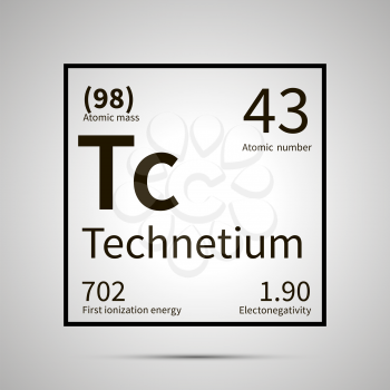 Technetium chemical element with first ionization energy, atomic mass and electronegativity values ,simple black icon with shadow on gray