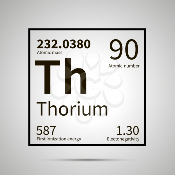 Thorium chemical element with first ionization energy, atomic mass and electronegativity values ,simple black icon with shadow on gray