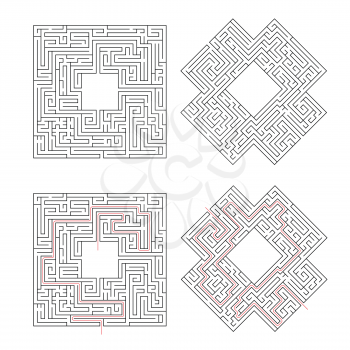 Two complicated labyrinths with red path of solution isolated on white