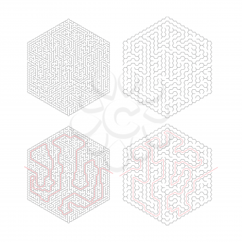 Two different complicated hexagon-shape labyrinths with red path of solution isolated on white