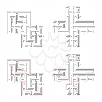 Two different complicated labyrinths with red path of solution isolated on white