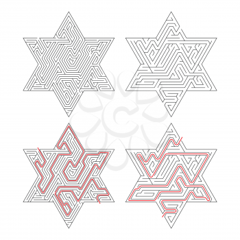 Two different complicated star-shaped labyrinths with red path of solution isolated on white