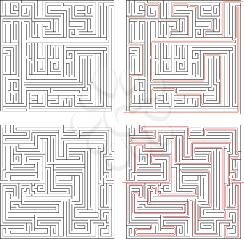 Two different mazes of high complexity on white and solution with red paths