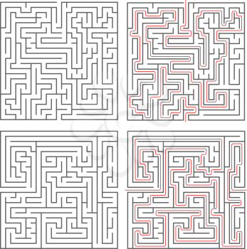 Two different mazes of medium complexity on white and solution with red paths