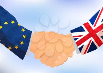 United Kingdom and European Union handshake, concept illustration on blue sky background