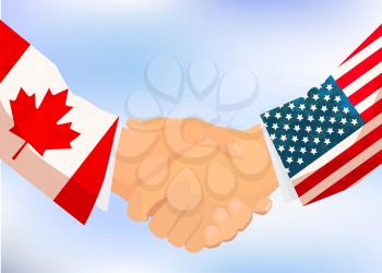 USA and Canada handshake, concept illustration on blue sky background