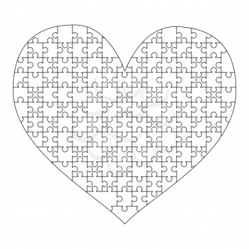 White puzzles pieces arranged in a heart shape. Medium Jigsaw Puzzle template ready for print. Cutting guidelines on white