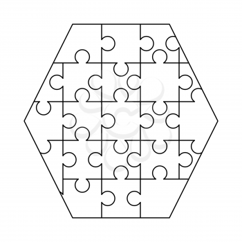 White puzzles pieces arranged in a hexagon shape. Jigsaw Puzzle template ready for print. Cutting guidelines isolated on white