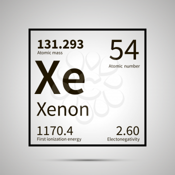 Xenon chemical element with first ionization energy, atomic mass and electronegativity values ,simple black icon with shadow on gray