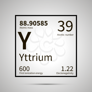 Yttrium chemical element with first ionization energy, atomic mass and electronegativity values ,simple black icon with shadow on gray