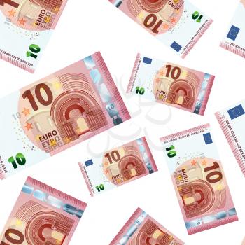 A lot of 10 euro banknotes on white, seamless pattern