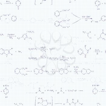 A lot of basic chemical reaction equations and formulas, pen lettering on school lined sheet seamless pattern