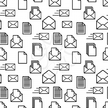 A lot of black icons of documents and envelopes on white, seamless pattern