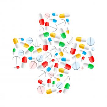 A lot of different colourful pills in cross shape isolated on white