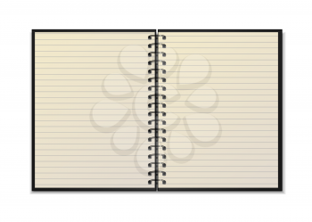Black open realistic spiral notepad mockup with yellow line sheets isolated on white
