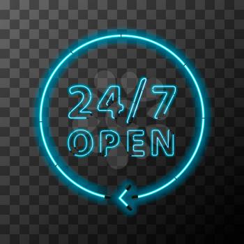 Bright realistic neon around the clock sign, 24 hours open