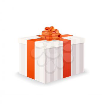 Bright white gift box with red tape and bow isolated on white