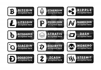 Cryptocurrency accepted here, large set of glossy black emblems with most common currency signs like Bitcoin, Ethereum, Ripple, Litecoin, Namecoin, BitShares, Dash, Monero, Dogecoin and Zcash isolated on white