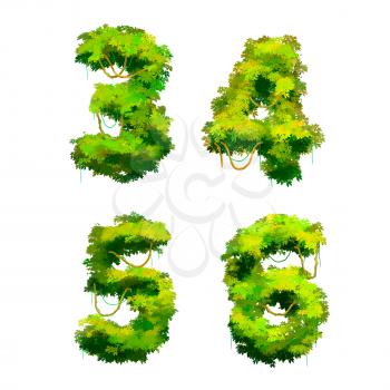 Cute cartoon tropical vines and bushes font isolated on white, 3 4 5 6 glyphs