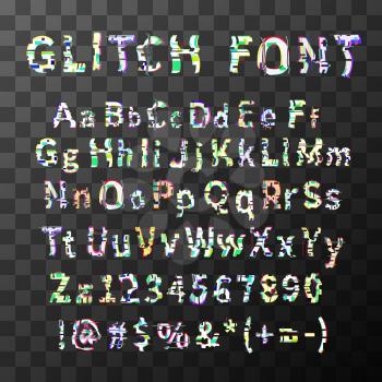 Glitch distortion font. Latin alphabet letters and numbers.