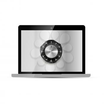 Glossy laptop with round metallic safe lock on display, confidential concept illustration on white