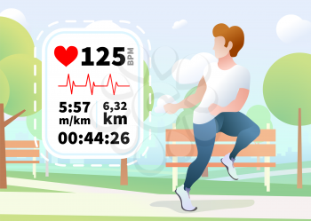 Handsome guy run in a urban park with heartrate monitor display, run dynamic concept