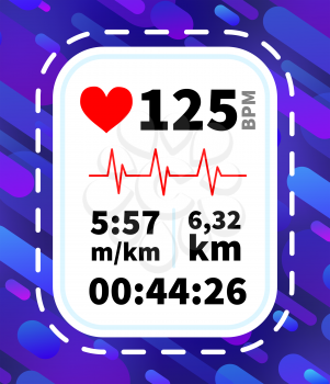 Heart rate monitor display with running dynamic information like pace, time and distance on purple