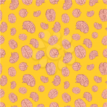 Human brains icons from different views on yellow background seamless pattern
