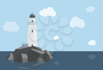 Lighthouse with barn on the rocks by the sea , daytime, flat illustration