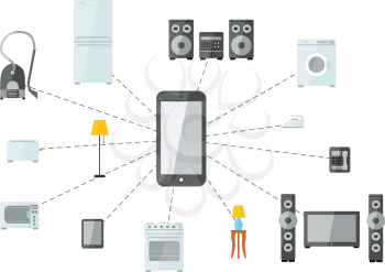 Mobile phone connected with house appliances, internet of things flat illustration